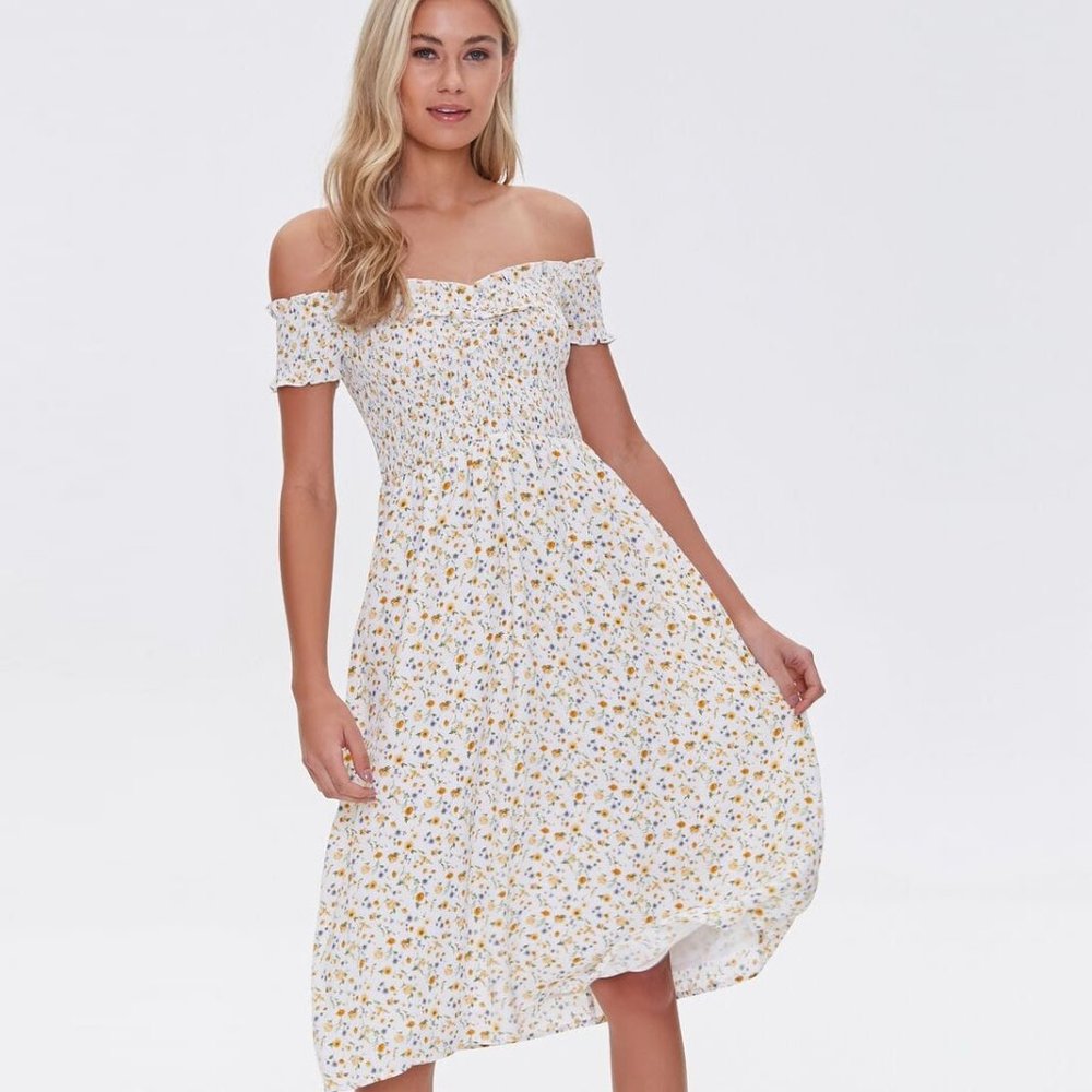 Forever 21 Floral Print Off-the-Shoulder Midi Dress